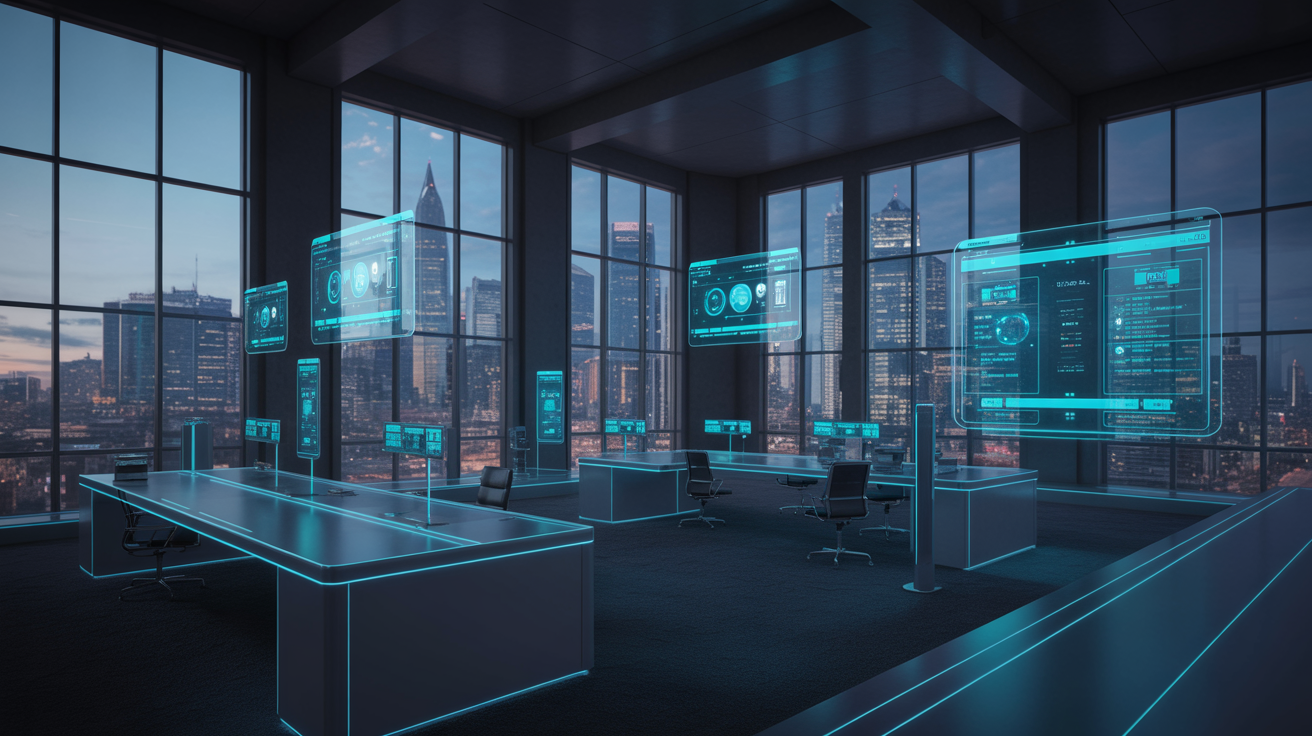 Corporate communications office with futuristic technology