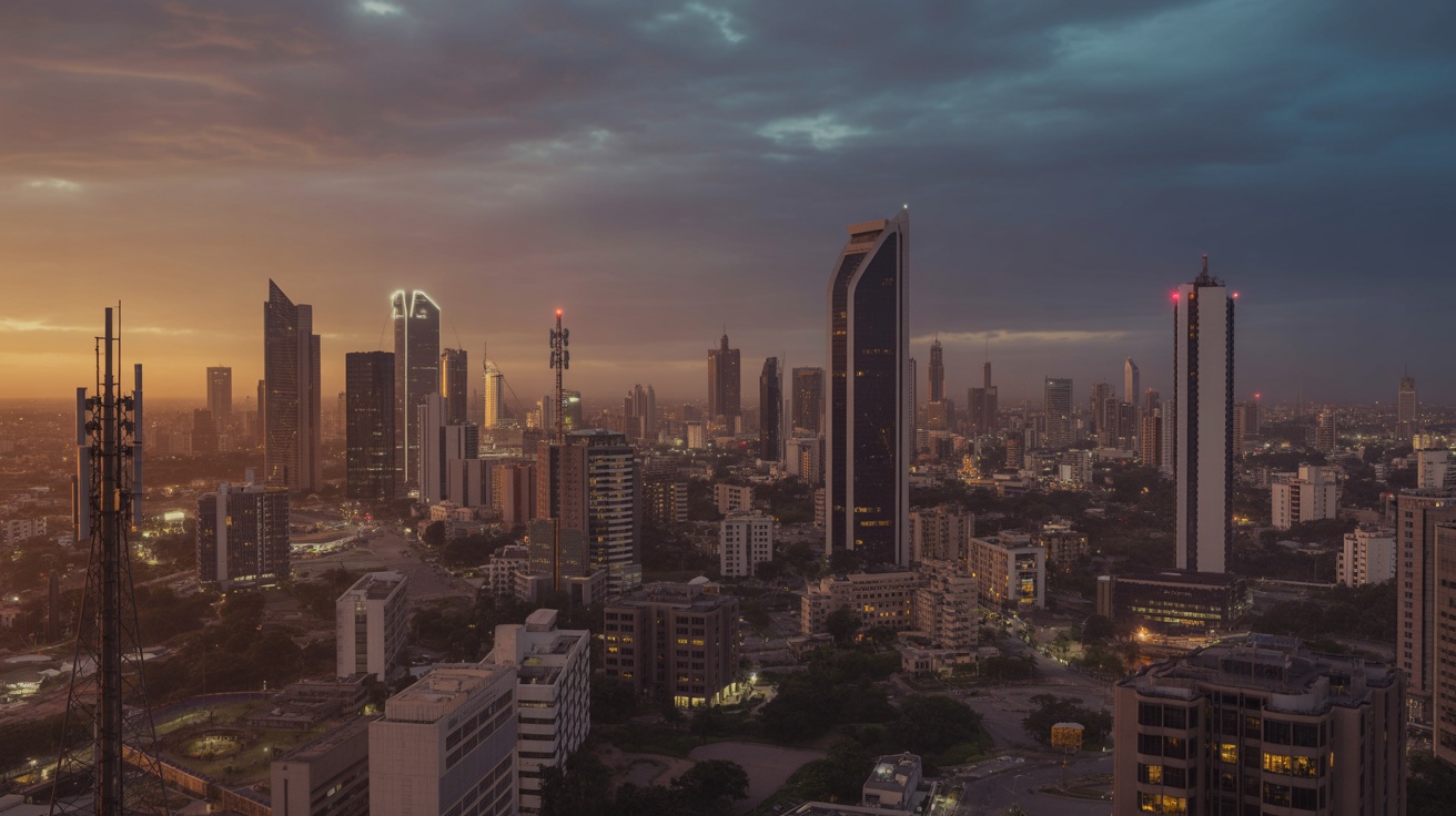 Modern African city skyline at dusk with tech infrastructure