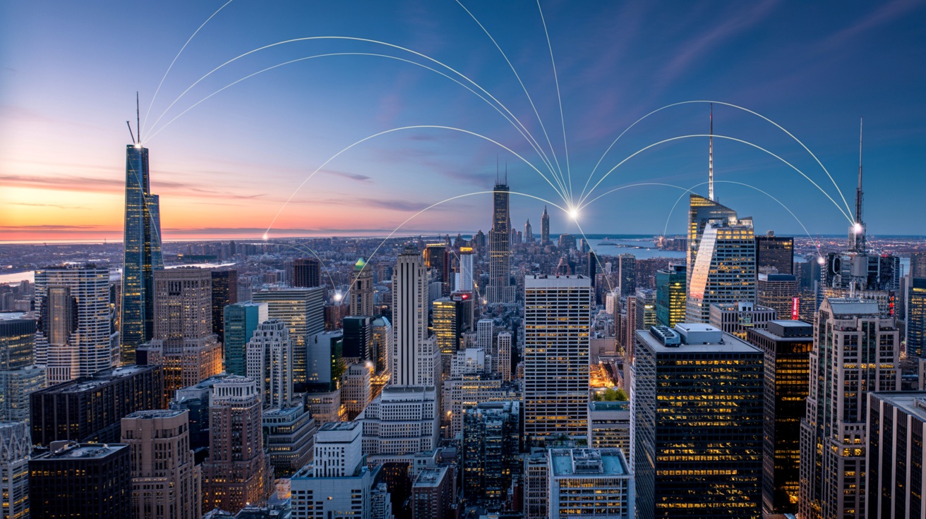 North American city skyline at twilight with communication networks
