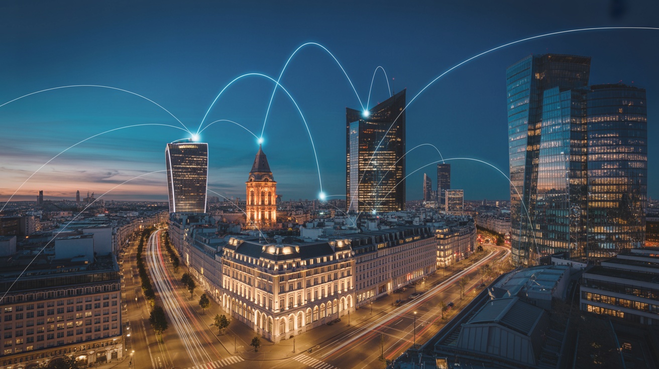 European city at night with illuminated architecture and data streams